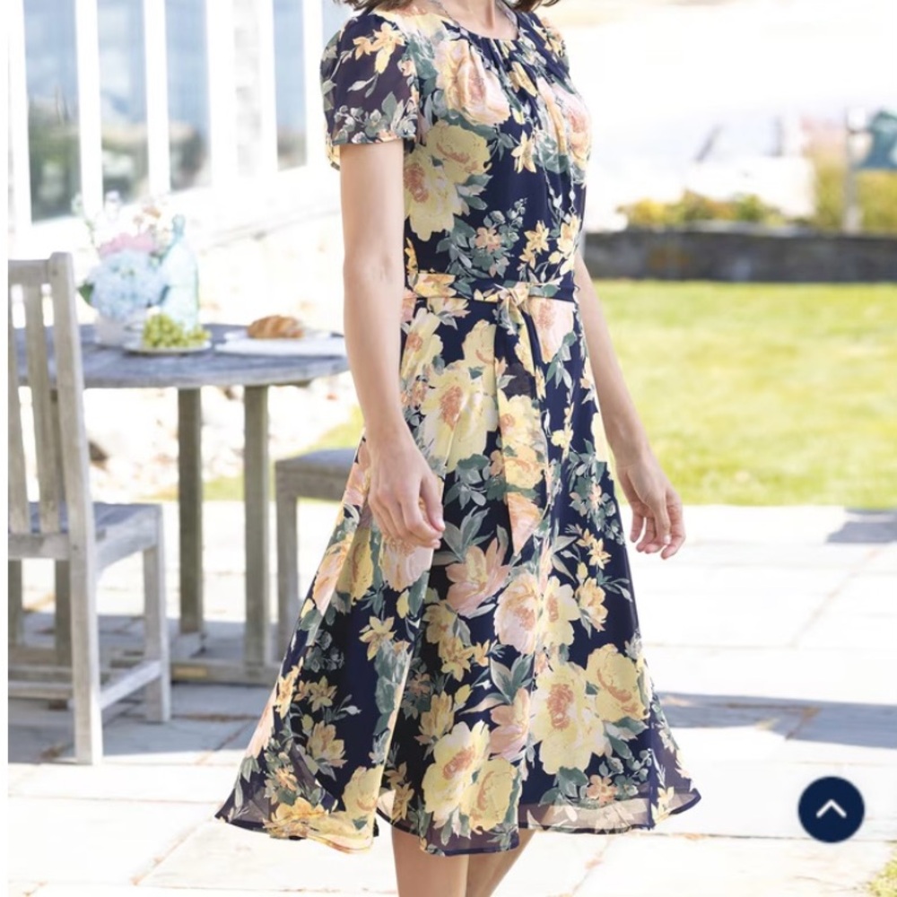 Floral Midi Dress - Navy with Yellow Bloom Print